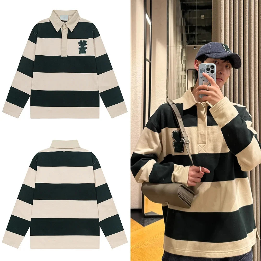 Casual Embroidered Collar Men's Sweatshirt Love Heart Stripe Color Block Top AMI ANCIENT Autumn Winter Polo Style Streetwear