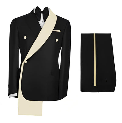 Fashionable Men's Suit 2 piece Set Black Jacket With Gold Collar Wedding Groom Tuxedo Classic Men's Tailored Blazer Pants