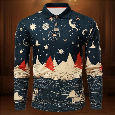 New Men's Christmas Printed Polos Autumn Long Sleeve Button Casual Shirt Festive Holiday Wear Classic Polo Neck Design Polos