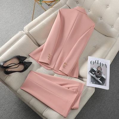 NAVIU New 2024 Women Pant Suits Pink Blazer And Jacket Set Office Ladies Work Business Uniform Female Pantsuit OL Style Beige