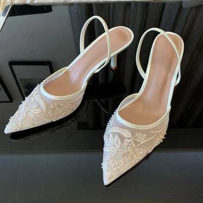 Brand Designer White Women Pumps Mesh Embroidered Flowers Back Strap Sexy Slingback High Heels Dress Wedding Shoes for Ladies