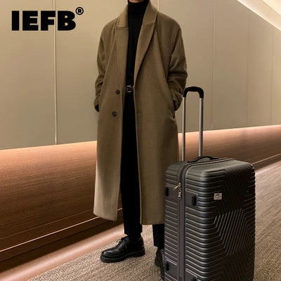 IEFB Thickened Male Woolen Coat Korean New Chic Men's Overcoat Turn-down Collar Single Breasted Solid Color Belt Outwear 9D1655