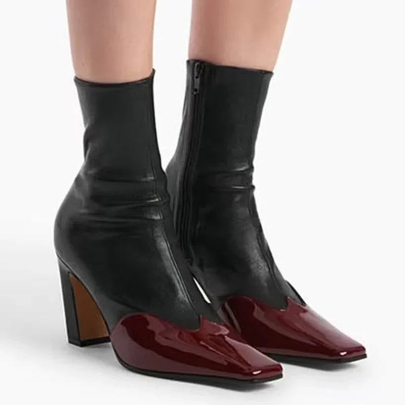Leather Patchwork Sewing Ankle Boots Sexy Square Toe Zipper Thin Heel Accept Customized New Arrivals Fashion Women Boots