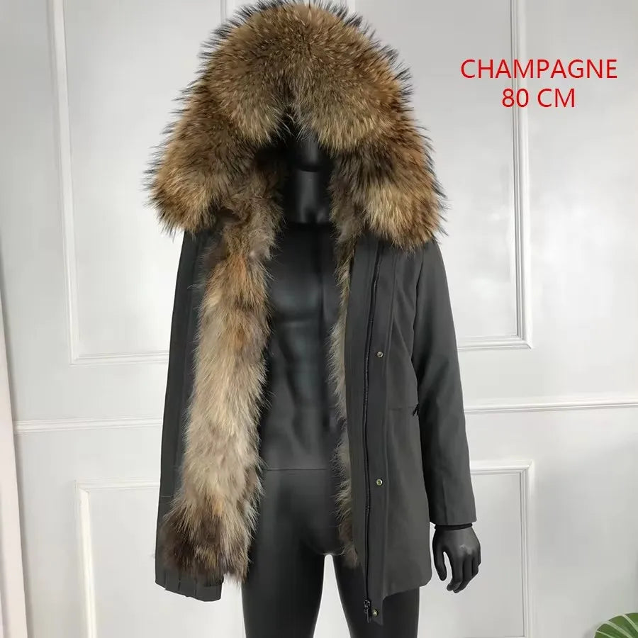 Real Raccoon Fur Coat Men Real Fur Parkas With Hood Warm Winter Men's Parka Natural Fox Fur Large Collar