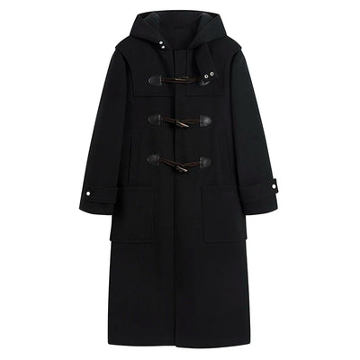 2025 Autumn Men Korean Hooded Trench Coat Men Casual Horn Button Woollen Coat Men Black Warm Long Coat Male Wool Blends Overcoat
