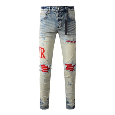 Fashion Top Quality Streetwear Distressed Men's Jeans  Vintage Low Rise Stretch Skinny Button Fly Ripped Hold Pants