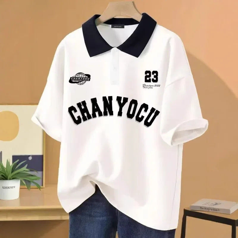 New Style Hong Kong Polo Collar Short Sleeve Men's Casual Overhead Shirt Neutral Leisure Fashion Summer Breathable Loose Fit