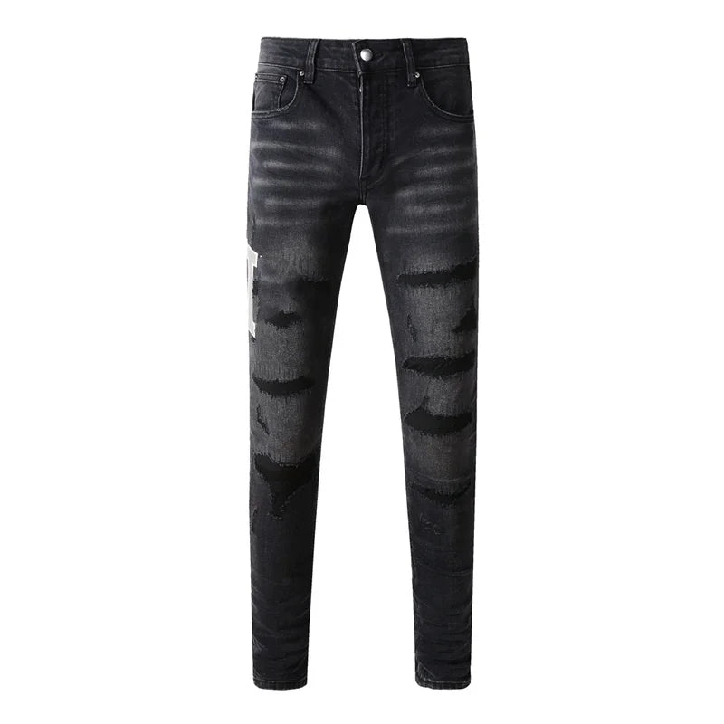 Fashion Top Quality Streetwear Distressed Men's Jeans  Vintage Low Rise Stretch Skinny Button Fly Ripped Hold Pants
