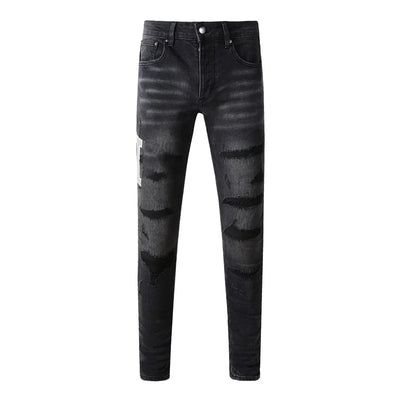 Fashion Top Quality Streetwear Distressed Men's Jeans  Vintage Low Rise Stretch Skinny Button Fly Ripped Hold Pants