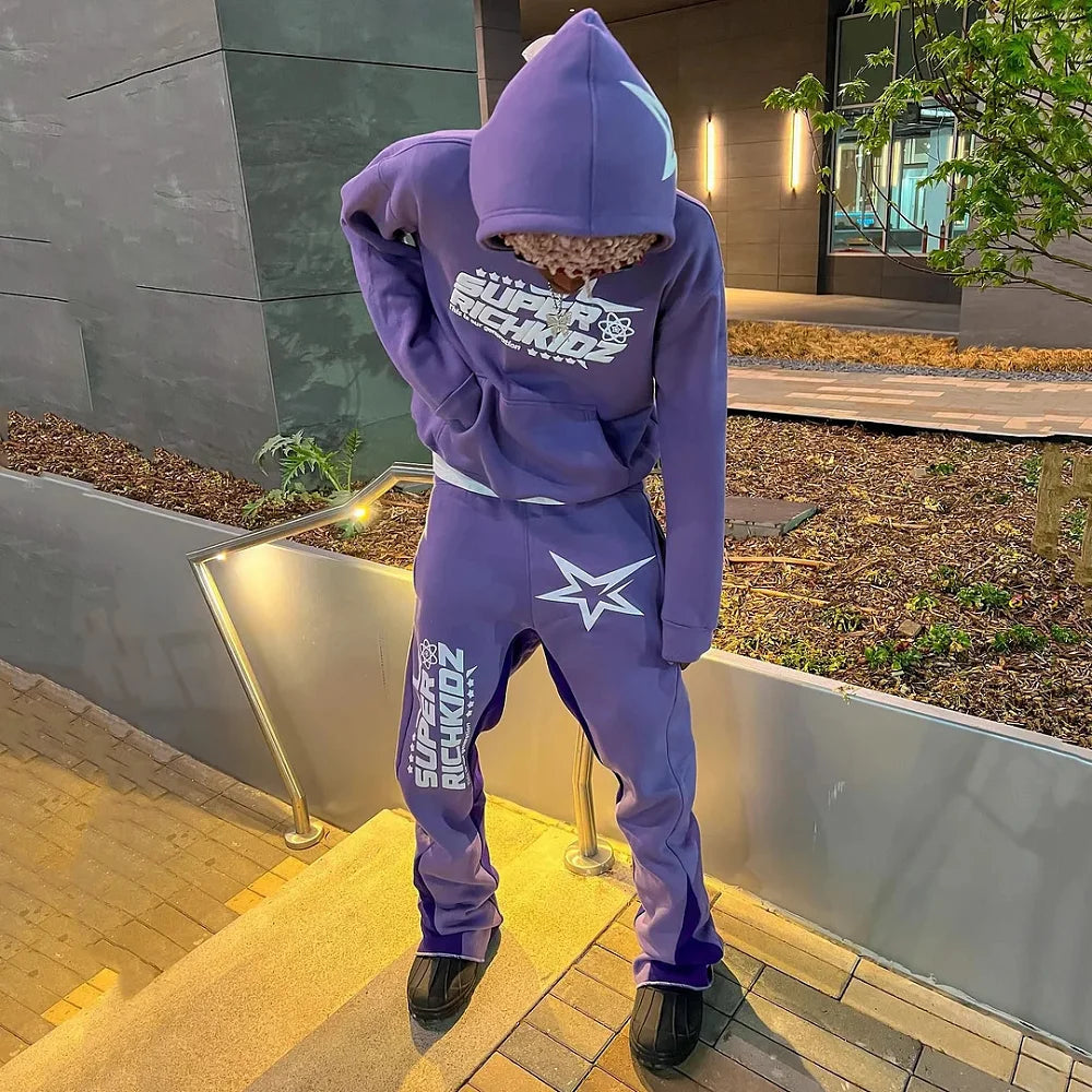 Y2K Autumn/Winter Hoodie Suit Flared Trousers Oversized Men's clothing  Fashion Trend High Street Pants Casual Sets 2024