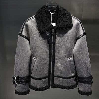 Thiened Winter Flight Jaet Lamb Fur Lined Inteated Leather Metal Bule Design Warm Coat Outerwear for Men
