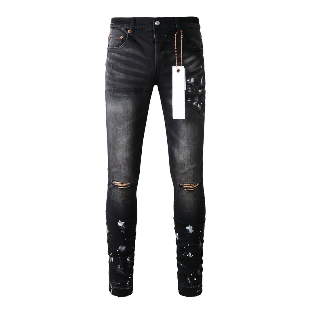 Americans High Street Trendy Men's Jeans Low Rise Stretch PantsSkinny Button Fly Ripped Retro Hold Trousers