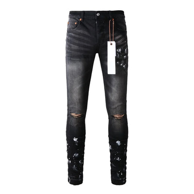 Americans High Street Trendy Men's Jeans Low Rise Stretch PantsSkinny Button Fly Ripped Retro Hold Trousers
