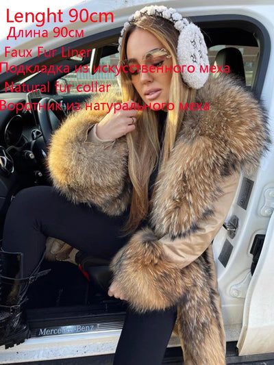2024 New Winter Jacket Women X-Long Parka Waterproof Big Natural Raccoon Fur Collar Hood Real Fur Coat Thick Warm Real Fox Fur