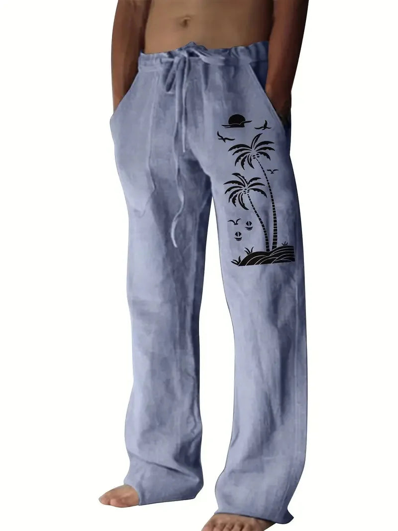 Vintage Coconut Tree Sunset Print men's New Winter Pants Fashion men's Sweatpants Men's Loose Casual Pocket Pull Rope Sweatpants