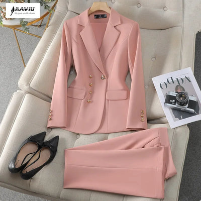 NAVIU New 2024 Women Pant Suits Pink Blazer And Jacket Set Office Ladies Work Business Uniform Female Pantsuit OL Style Beige