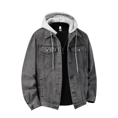 Autumn Green Men's Hooded Denim Jacket, Detachable Hood, Available in Gray, Black, and Blue.