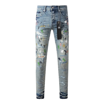 Fashion American Streetwear Distressed Vintage Men's Jeans Low Rise Stretch Skinny Button Fly Ripped Hold Pants