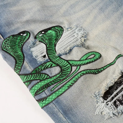 Trendy American Style Embroidered Streetwear Jeans High Elasticity Slim Fit Snake Eye Detailing Casual Scene Suitable