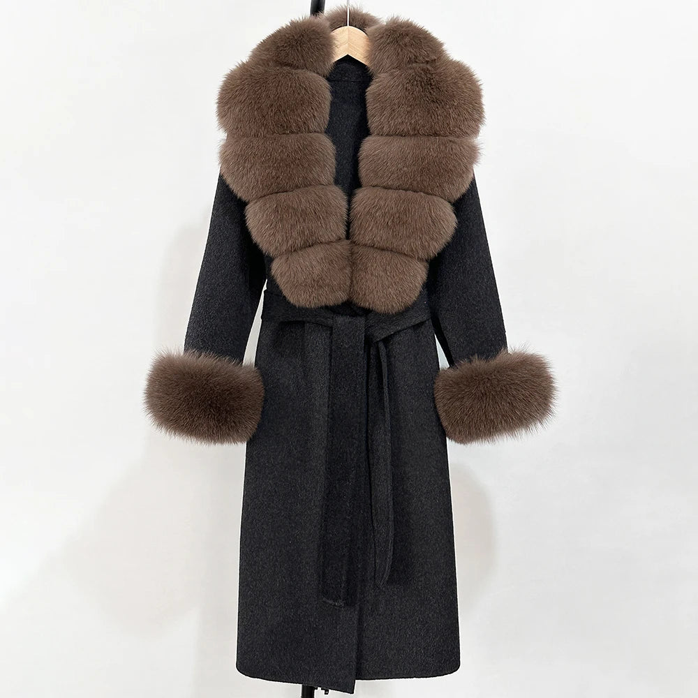 2025 New Autumn Wool Blend Coat Women Elegant Warm Real Fox Fur Collar Winter Wool Coat Female Double-sided Cashmere Jacket
