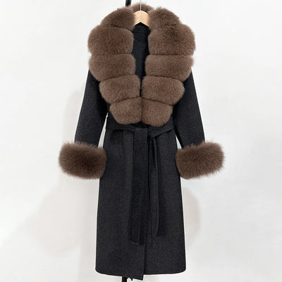 2025 New Autumn Wool Blend Coat Women Elegant Warm Real Fox Fur Collar Winter Wool Coat Female Double-sided Cashmere Jacket