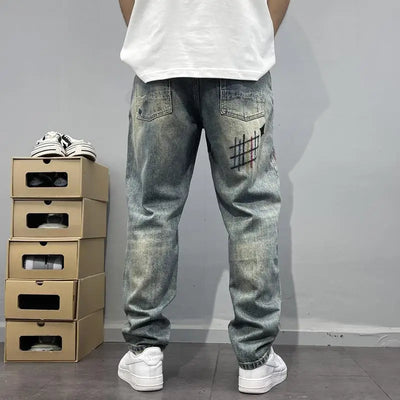 Old Tattered Patched Embroidered Jeans Men's Small Straight Leg Pants American High Street Men's Pants Trendy
