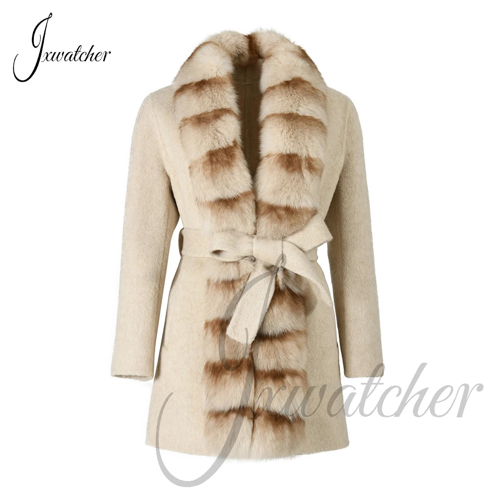 Jxwatcher Women Winter Coat with Real Fur Winter New Style Cashmere Wool Coats Ladies Fashion Luxury Warm Outerwears Female Fall