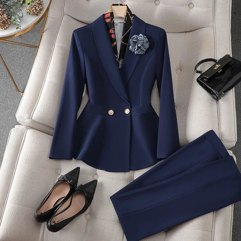 New High Quality Autumn Formal Women's Suit Fashion Long Sleeve Blazer Coat + Straight Pants Trousers Office Lady Two piece Set