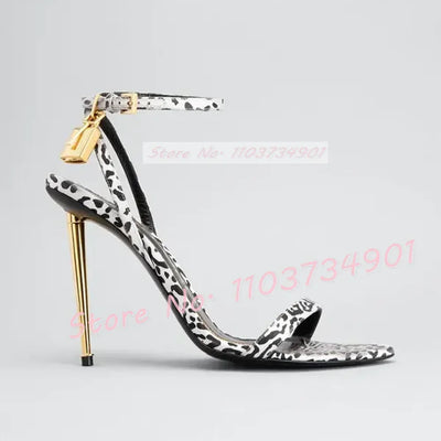 Metal Heel Lock Metallic Leather Sandals Female Luxury Open Toe Stiletto High Heels Shoes Lady Elegant Party Ankle Strap Sandals