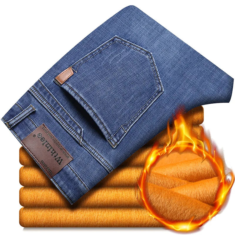 2024 Mens Winter Classic Business Quality Famous Brand Fleece Pants Straight Trousers Winter Thermal Warm Plush Stretch Jeans