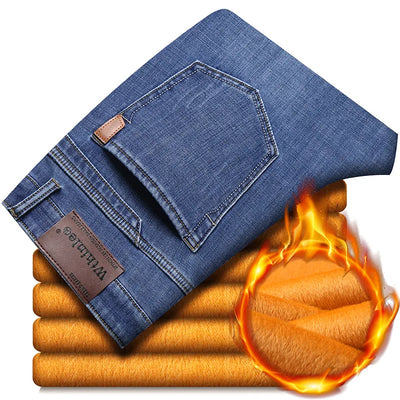 2024 Mens Winter Classic Business Quality Famous Brand Fleece Pants Straight Trousers Winter Thermal Warm Plush Stretch Jeans