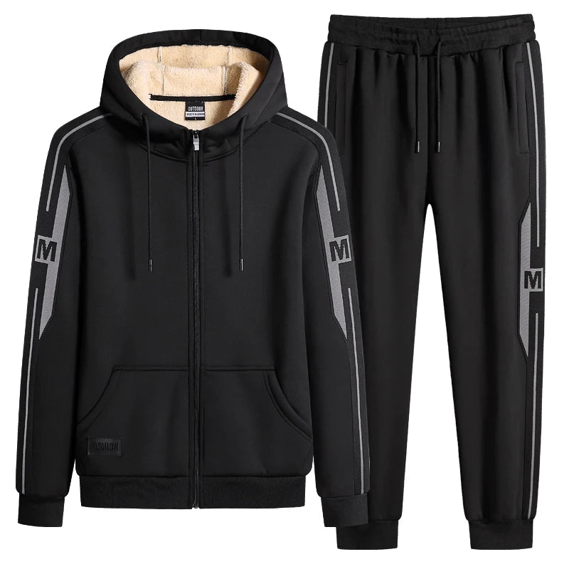 Winter Men Set Warm Thick Hooded Jacket+Pants 2pc Sets Men Lamb Cashmere Hoodies Zipper Tracksuit Man Sports Suit Plus Size 9XL