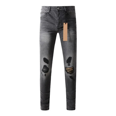 High Street Men's Jeans Low Rise Stretch Skinny Button Fly Ripped Hold Black Pants