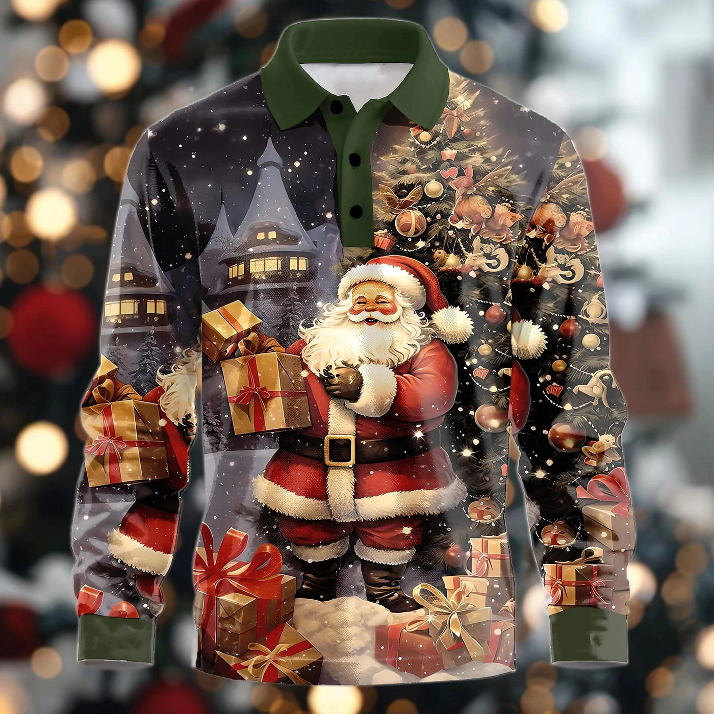 New Men's Christmas Printed Polos Autumn Long Sleeve Button Casual Shirt Festive Holiday Wear Classic Polo Neck Design Polos