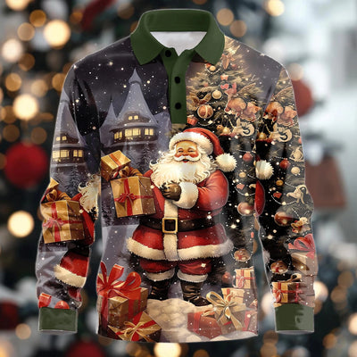 New Men's Christmas Printed Polos Autumn Long Sleeve Button Casual Shirt Festive Holiday Wear Classic Polo Neck Design Polos