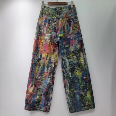DEAT Women's Jeans High Waist Retro Colorful Straight Printed Splashed Ink Graffiti Denim Pants 2025 New Fashion Summer 29L9916