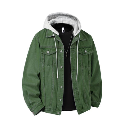 Autumn Green Men's Hooded Denim Jacket, Detachable Hood, Available in Gray, Black, and Blue.