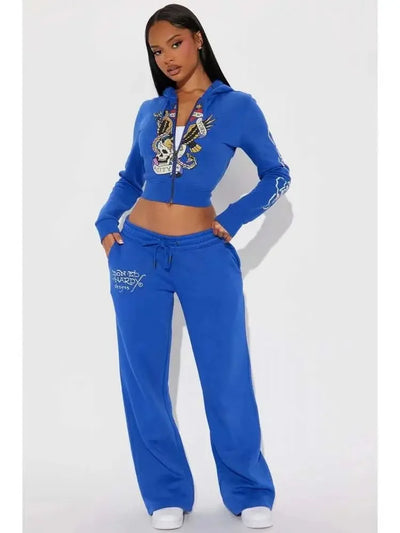 Comfortable Casual Fashion Streetwear Zipper Hooded Printed Two-Piece Set Women's Clothing Vibrant Artistic Design