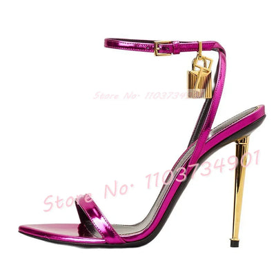 Metal Heel Lock Metallic Leather Sandals Female Luxury Open Toe Stiletto High Heels Shoes Lady Elegant Party Ankle Strap Sandals