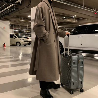 IEFB Thickened Male Woolen Coat Korean New Chic Men's Overcoat Turn-down Collar Single Breasted Solid Color Belt Outwear 9D1655