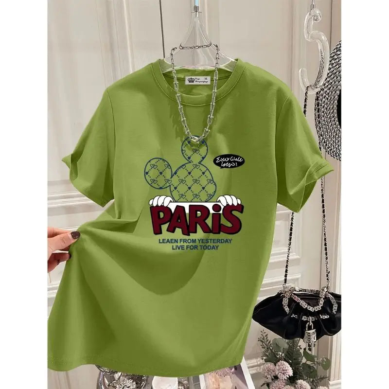 2025 Summer New Pure Cotton Short-sleeved T-shirt Women Loose Round Neck Cartoon Letter Mid-length Top