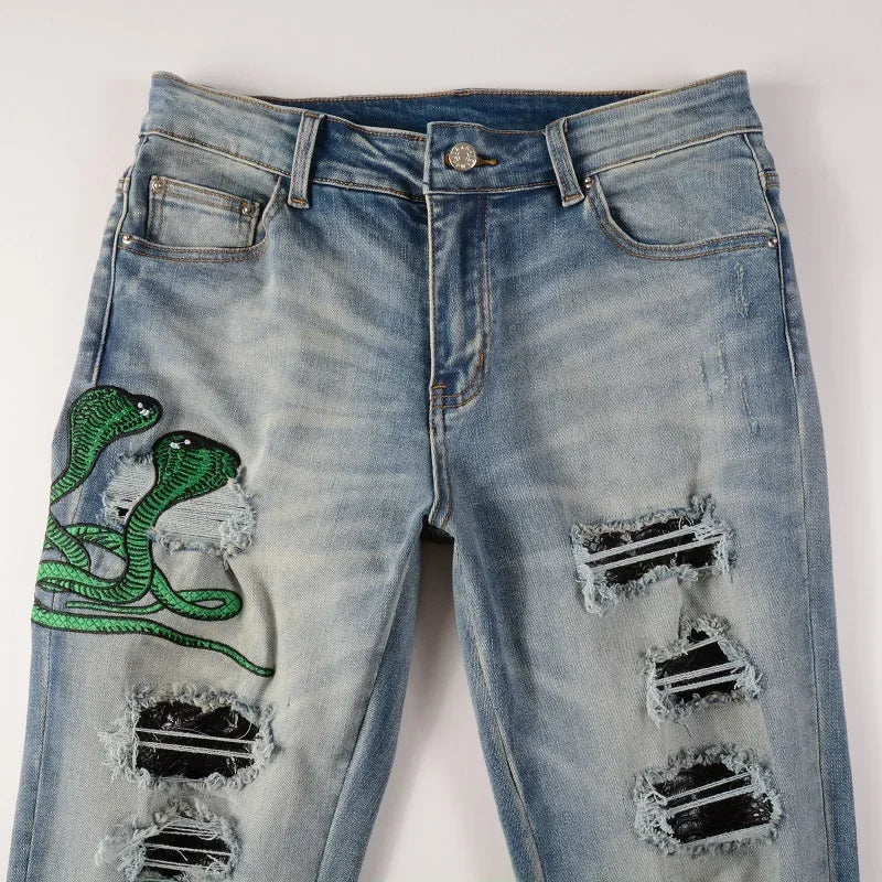 Trendy American Style Embroidered Streetwear Jeans High Elasticity Slim Fit Snake Eye Detailing Casual Scene Suitable