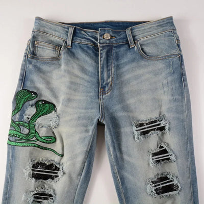 Trendy American Style Embroidered Streetwear Jeans High Elasticity Slim Fit Snake Eye Detailing Casual Scene Suitable