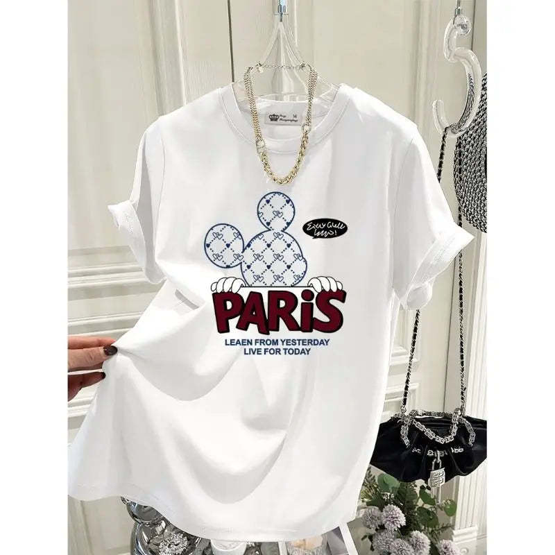 2025 Summer New Pure Cotton Short-sleeved T-shirt Women Loose Round Neck Cartoon Letter Mid-length Top