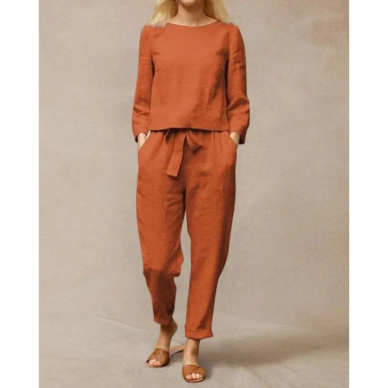 Spring Summer New Vintage Print Long Sleeve round Neck T-Shirt Set Wide Leg Pants Ethnic Style Fashionable Women's Outfit