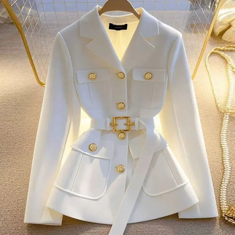 New High End Fashion Suit Jacket Coat Women Elegant Celebrity Pocket Long Sleeve Lapel Slim Blazer Outerwear Office Lady Tops