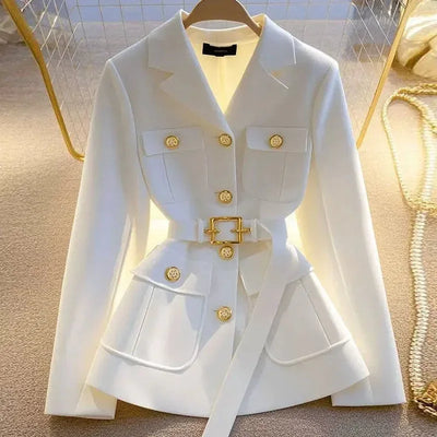 New High End Fashion Suit Jacket Coat Women Elegant Celebrity Pocket Long Sleeve Lapel Slim Blazer Outerwear Office Lady Tops