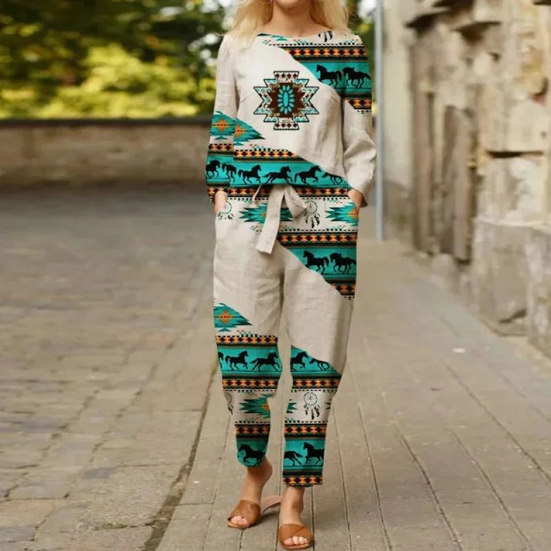 Spring Summer New Vintage Print Long Sleeve round Neck T-Shirt Set Wide Leg Pants Ethnic Style Fashionable Women's Outfit