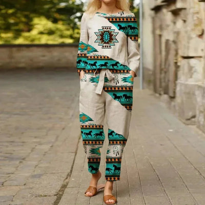 Spring Summer New Vintage Print Long Sleeve round Neck T-Shirt Set Wide Leg Pants Ethnic Style Fashionable Women's Outfit