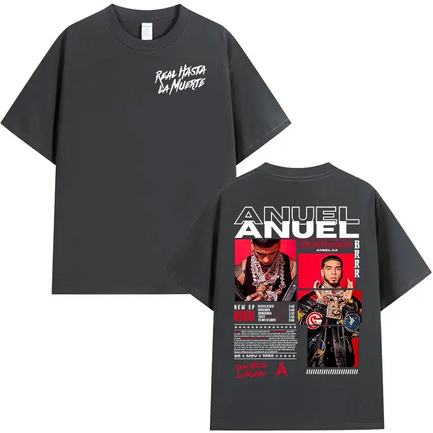 Rapper Anuel AA Real Hasta La Muerte Tour 2025 new Album T Shirts Men's Hip Hop gothic T-Shirts 100%  Short Sleeve T-Shirt